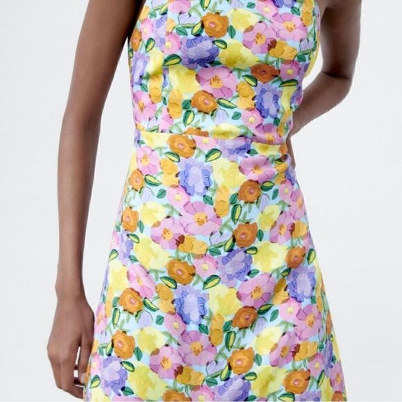 Zara Yellow/Purple Multicolor Crisscross Strap Floral Boho Mini Dress XL - Picture 2 of 10